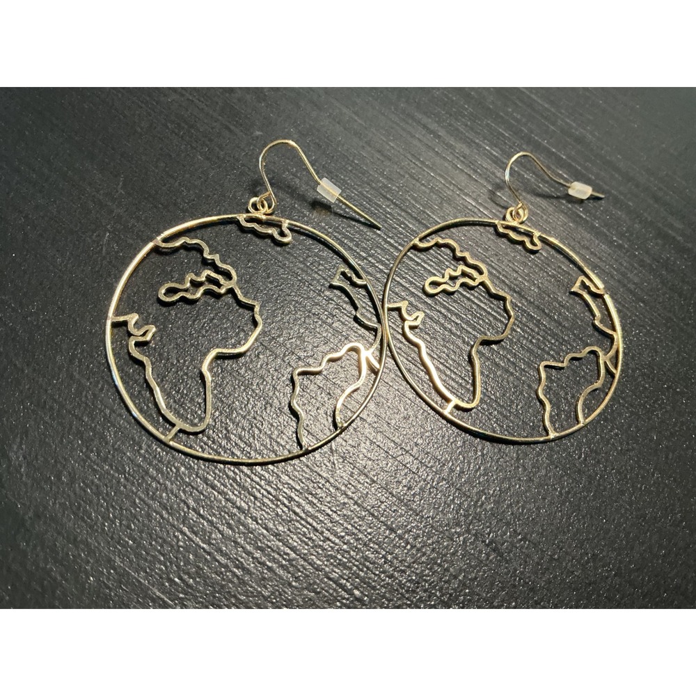 Gold Tone World Map Globe Circle Wire Dangle Drop Earrings Travel Jewelry